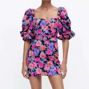 NWT Zara Floral Balloon Sleeves Belted Mini Dress Size Medium
